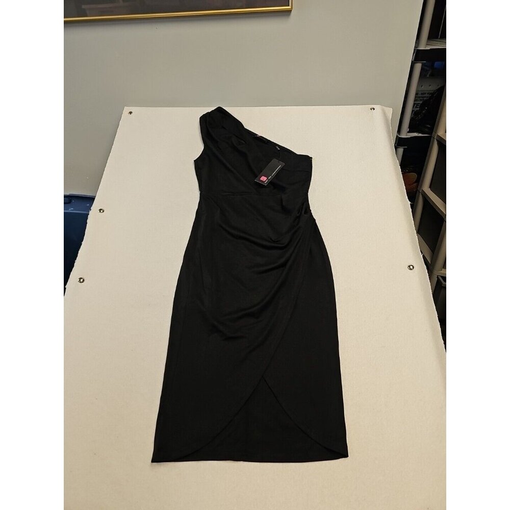 Kancy Kole Black One Shoulder Ruched Wrap Tulip Hem Cocktail Dress Medium NWT